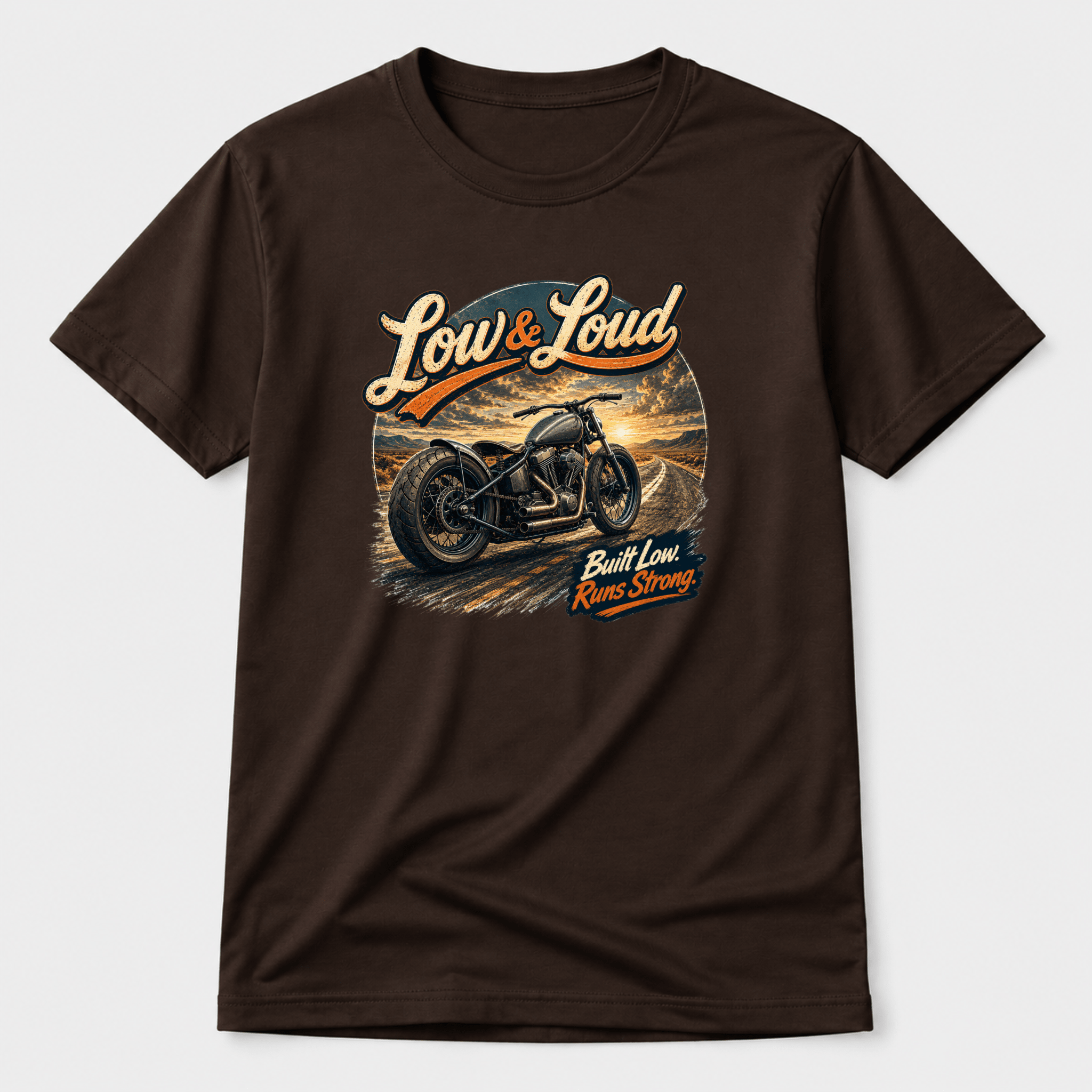 Camberline Riders Low and Loud Bobber Motorcycle T-Shirt – Dark Chocolate — front view showing the Camberline Riders Low and Loud Bobber Motorcycle graphic print