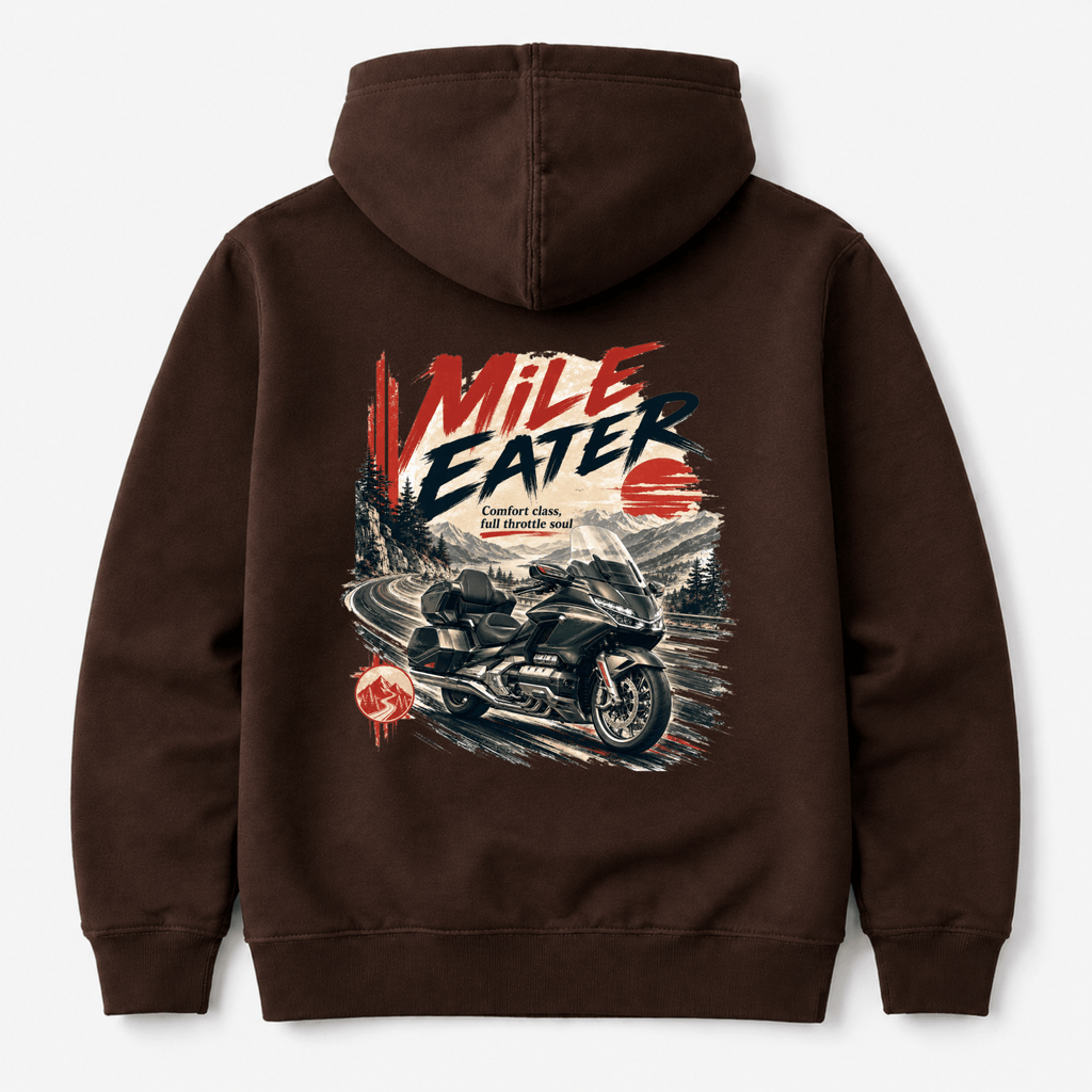 Camberline Riders Mile Eater Luxury Touring Motorcycle Hoodie – Hot Chocolate — back view showing the Camberline Riders Mile Eater Luxury Touring Motorcycle graphic print