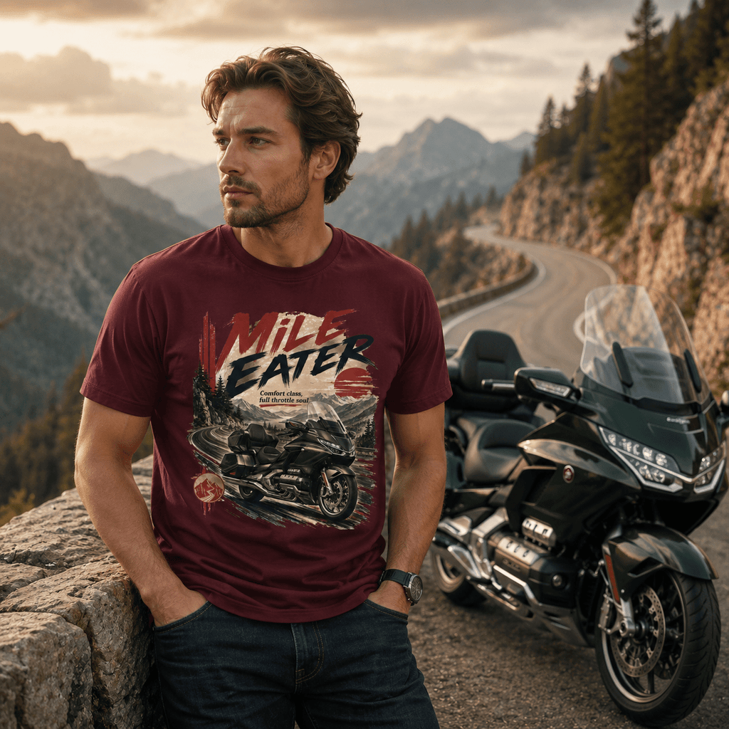 Model wearing the Camberline Riders Mile Eater Luxury Touring Motorcycle T-Shirt – Burgundy, showing the Camberline Riders graphic in a motorcycle-inspired setting