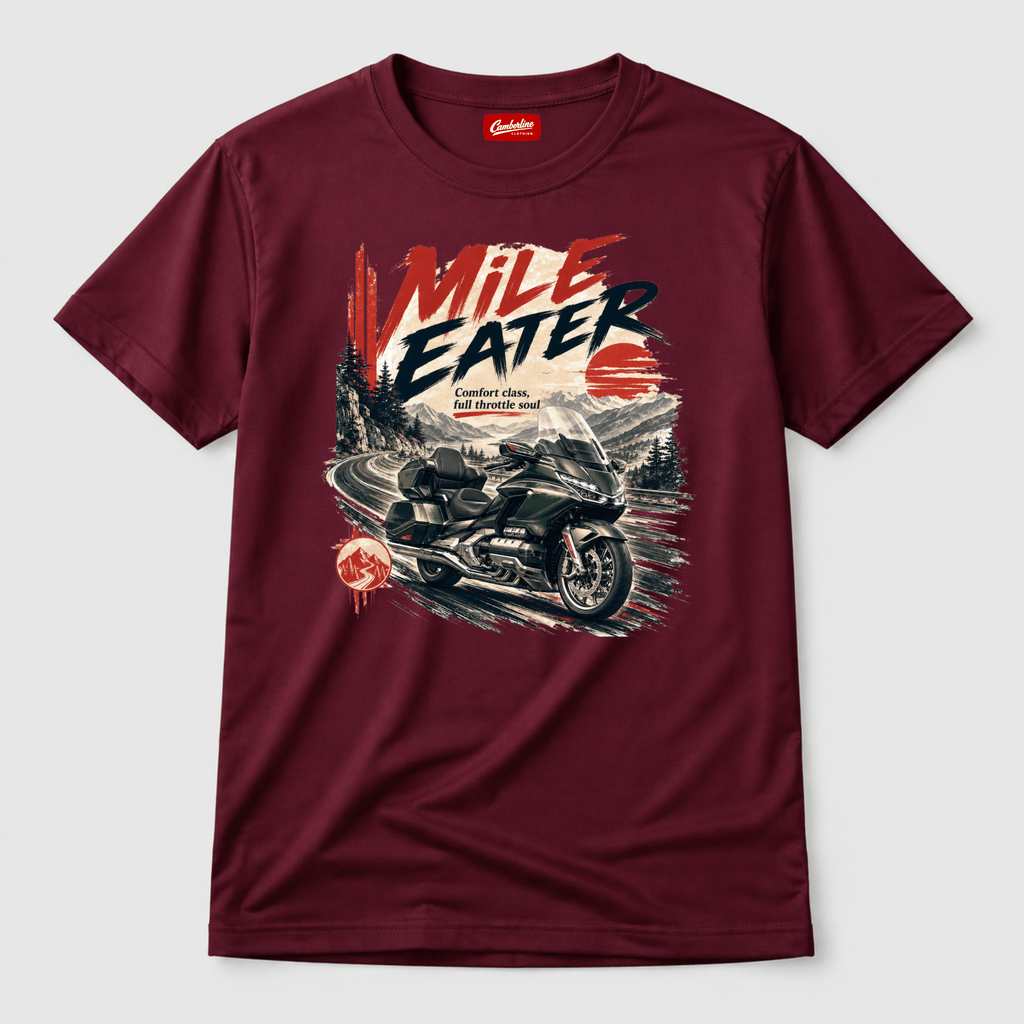 Camberline Riders Mile Eater Luxury Touring Motorcycle T-Shirt – Burgundy — front view showing the Camberline Riders Mile Eater Luxury Touring Motorcycle graphic print