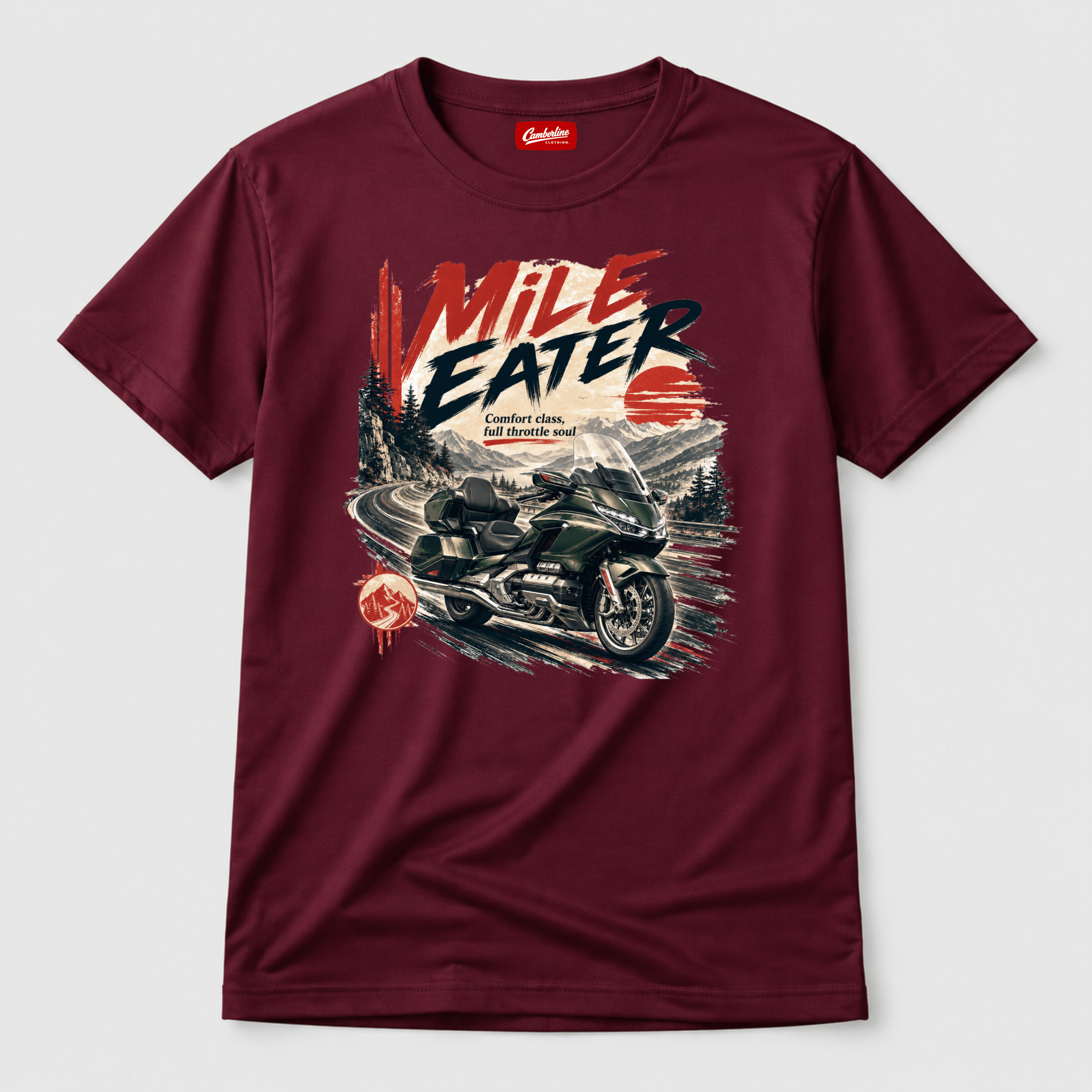 Camberline Riders Mile Eater Luxury Touring Motorcycle T-Shirt – Burgundy — front view showing the Camberline Riders Mile Eater Luxury Touring Motorcycle graphic print