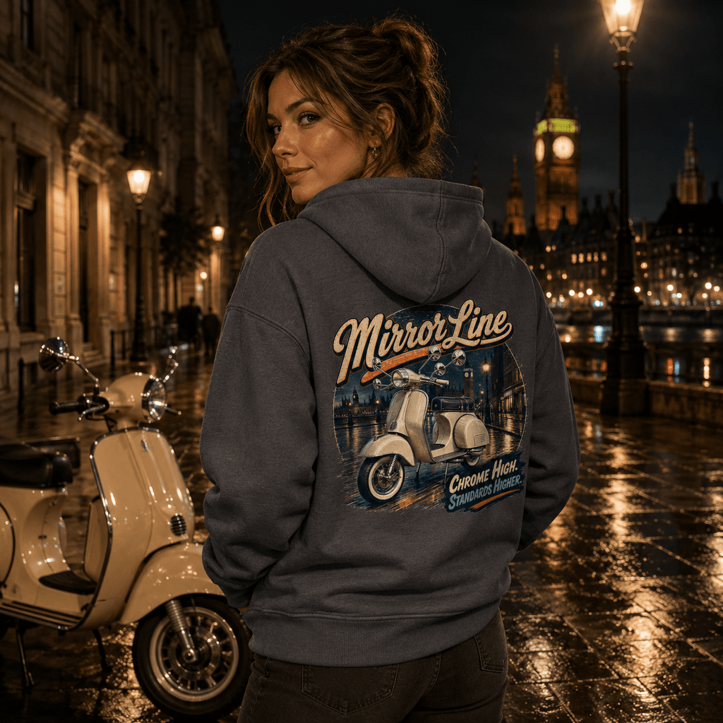 Model wearing the Camberline Riders Mirror Line Classic Scooter Hoodie – Charcoal.