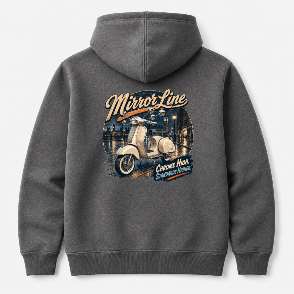 Camberline Riders Hoodie – Charcoal — back view showing the Camberline Riders Mirror Line Classic Scooter graphic print