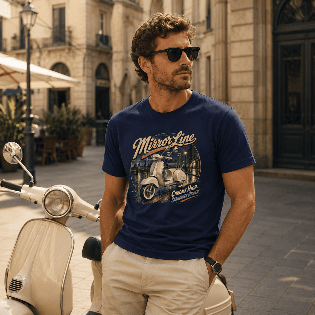 Model wearing the Camberline Riders Mirror Line Classic Scooter T-Shirt – Navy, showing the Camberline Riders graphic in a motorcycle-inspired setting