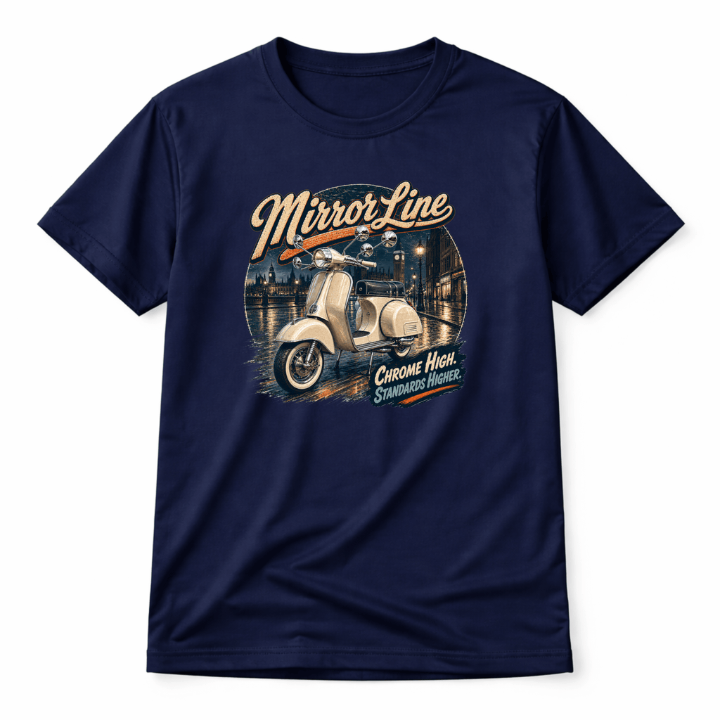 Camberline Riders Mirror Line Classic Scooter T-Shirt – Navy — front view showing the Camberline Riders Mirror Line Classic Scooter graphic print
