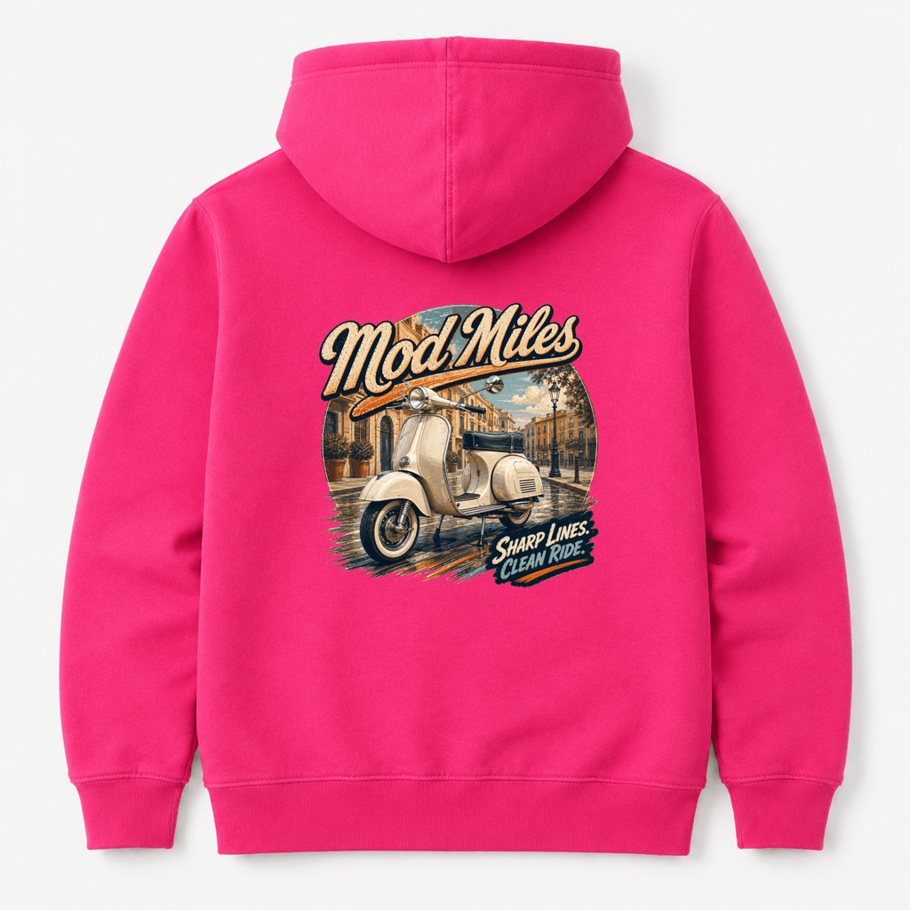 Camberline Riders Mod Miles Classic Scooter Hoodie – Hot Pink — back view showing the Camberline Riders Mod Miles Classic Scooter graphic print