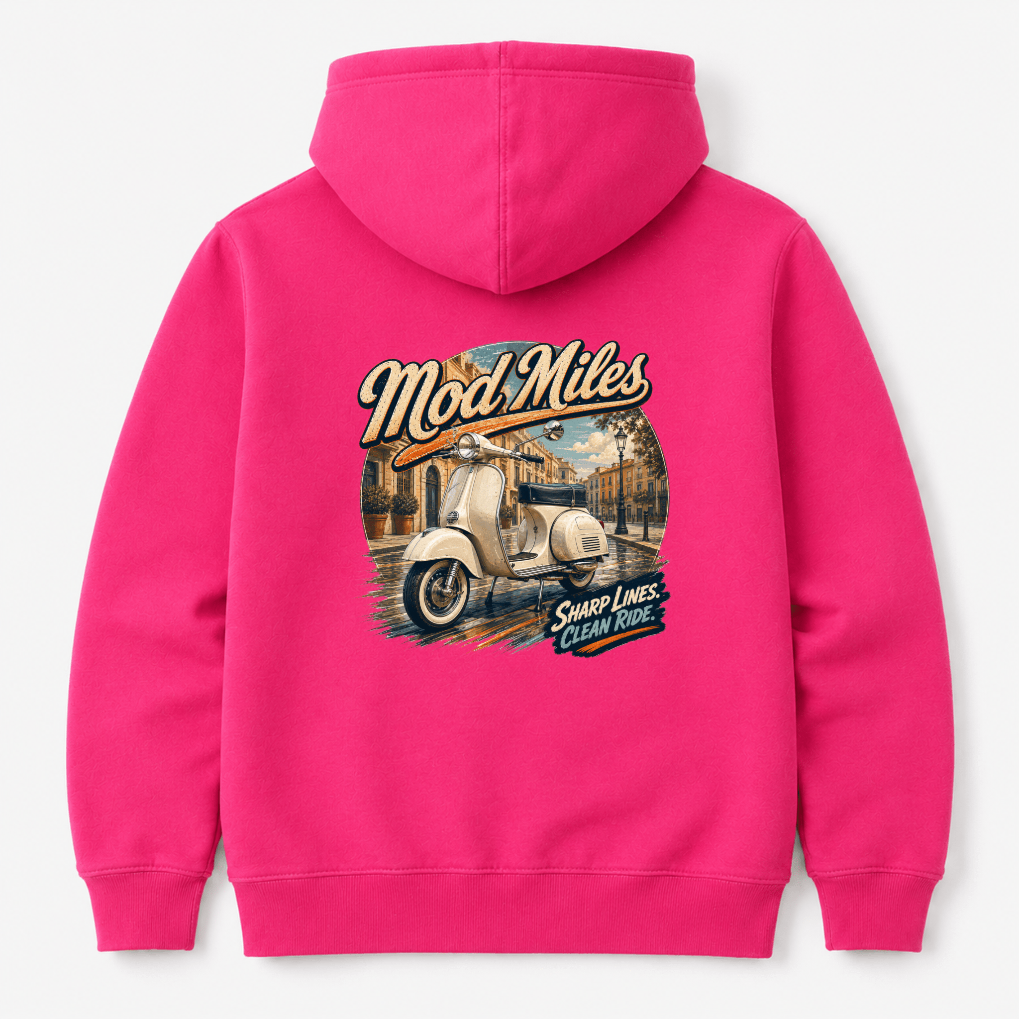 Camberline Riders Mod Miles Classic Scooter Hoodie – Hot Pink — back view showing the Camberline Riders Mod Miles Classic Scooter graphic print