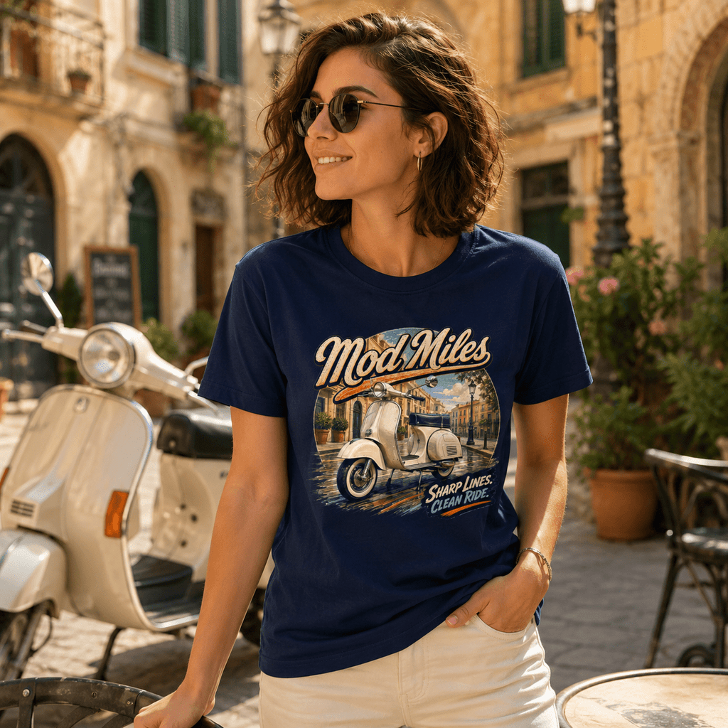 Model wearing the Camberline Riders Mod Miles Classic Scooter T-Shirt – Navy, showing the Camberline Riders graphic in a motorcycle-inspired setting