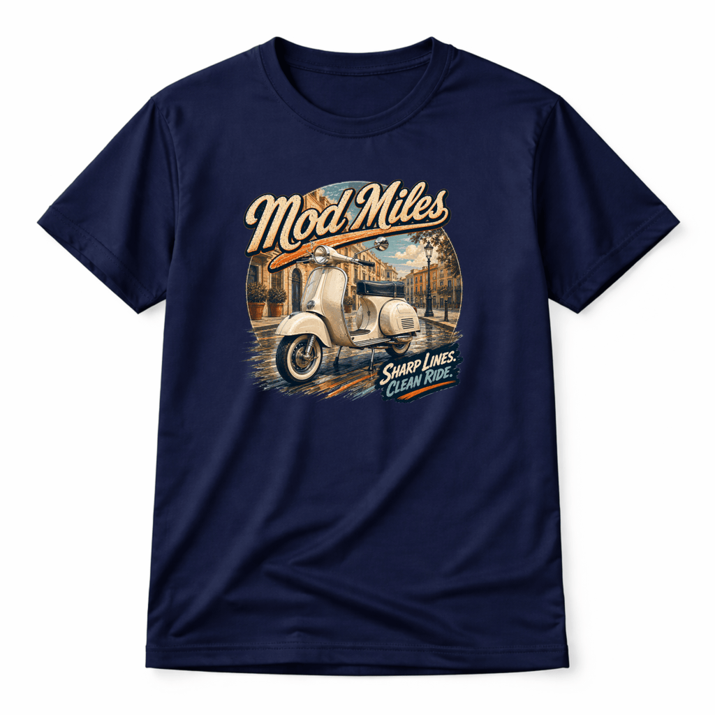 Camberline Riders Mod Miles Classic Scooter T-Shirt – Navy — front view showing the Camberline Riders Mod Miles Classic Scooter graphic print