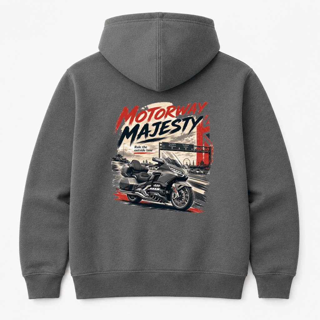 Camberline Riders Motorway Majesty Heavy Tourer Hoodie – Charcoal — back view showing the Camberline Riders Motorway Majesty Heavy Tourer graphic print