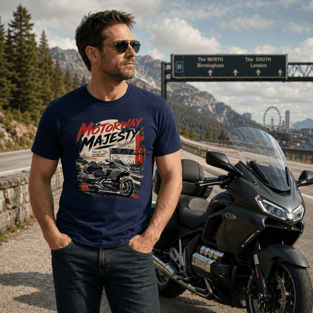Model wearing the Camberline Riders Motorway Majesty Heavy Tourer T-Shirt – Navy, showing the Camberline Riders graphic in a motorcycle-inspired setting