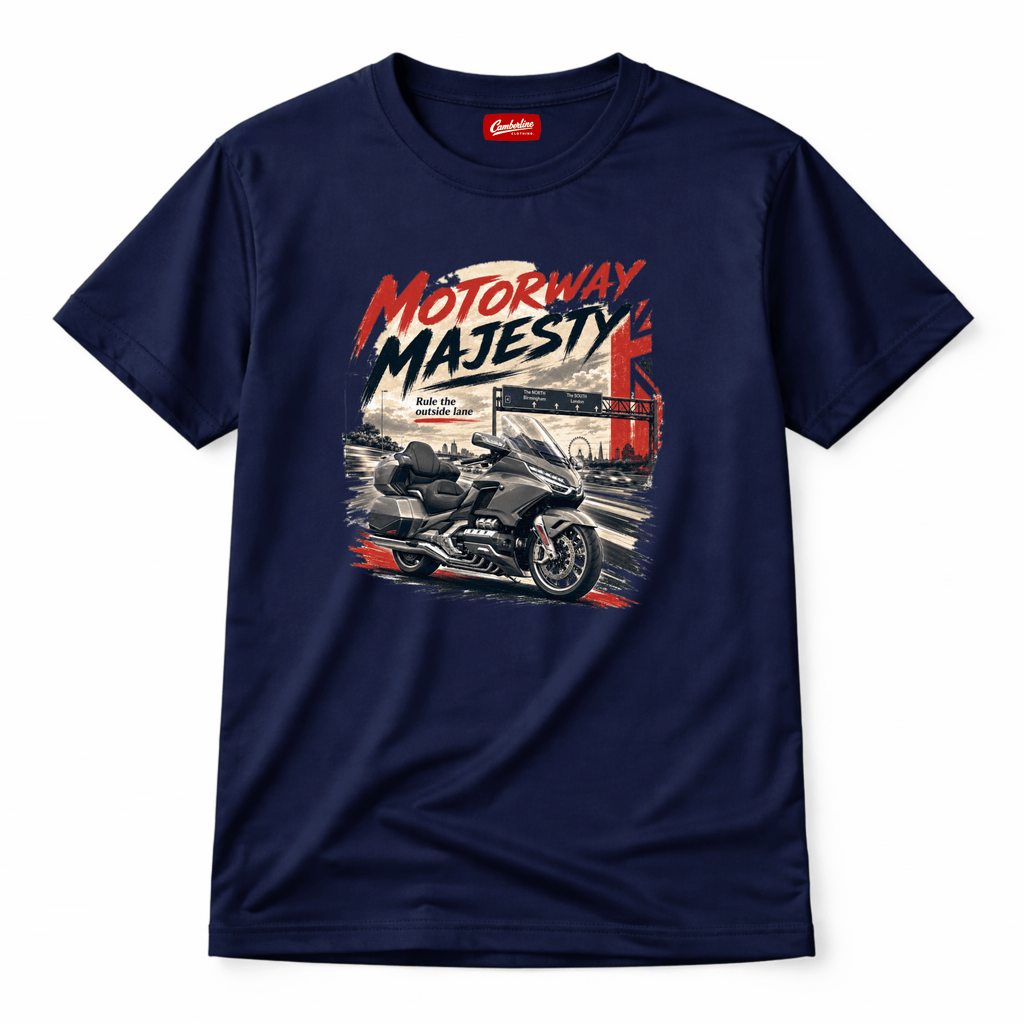 Camberline Riders Motorway Majesty Heavy Tourer T-Shirt – Navy — front view showing the Camberline Riders Motorway Majesty Heavy Tourer graphic print