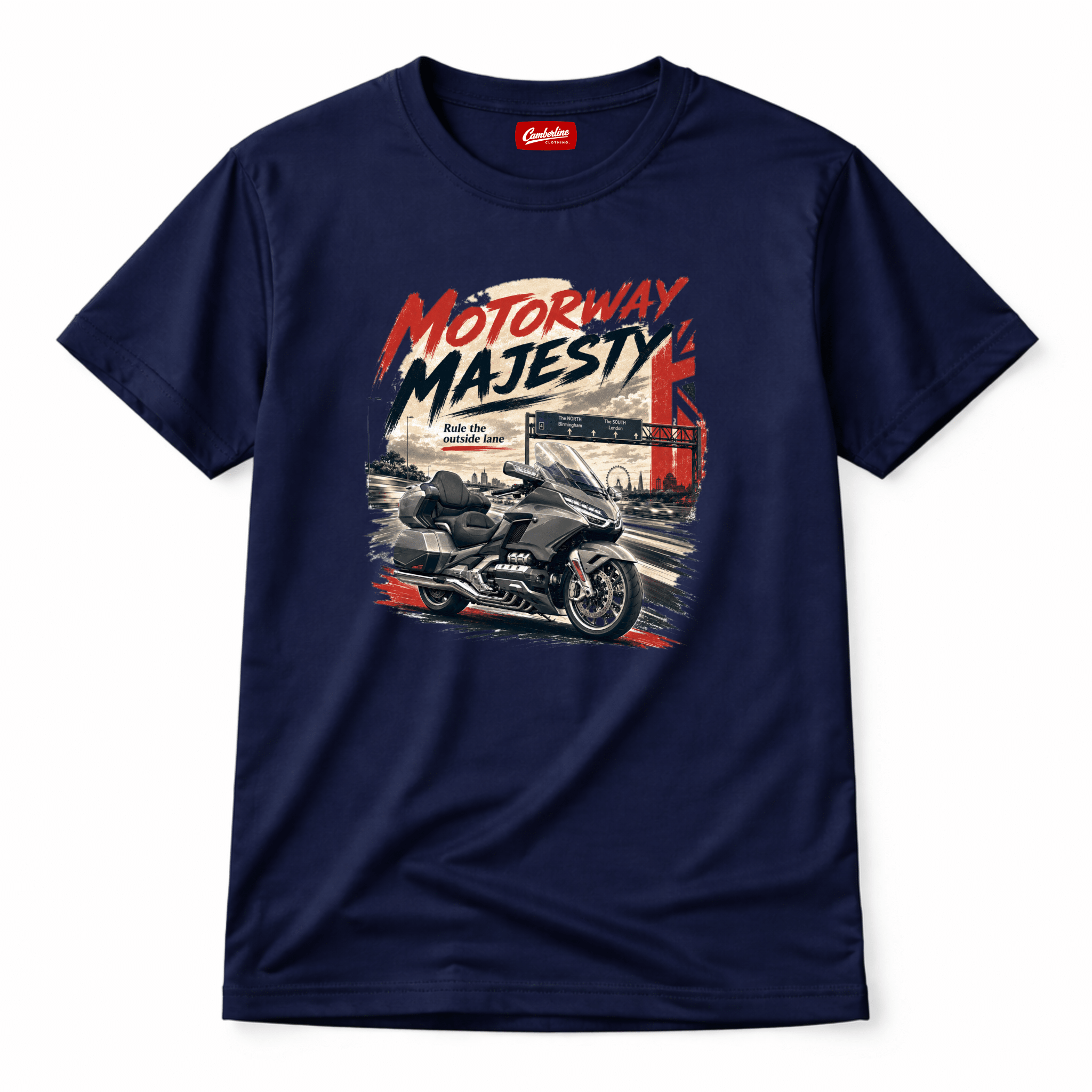 Camberline Riders Motorway Majesty Heavy Tourer T-Shirt – Navy — front view showing the Camberline Riders Motorway Majesty Heavy Tourer graphic print