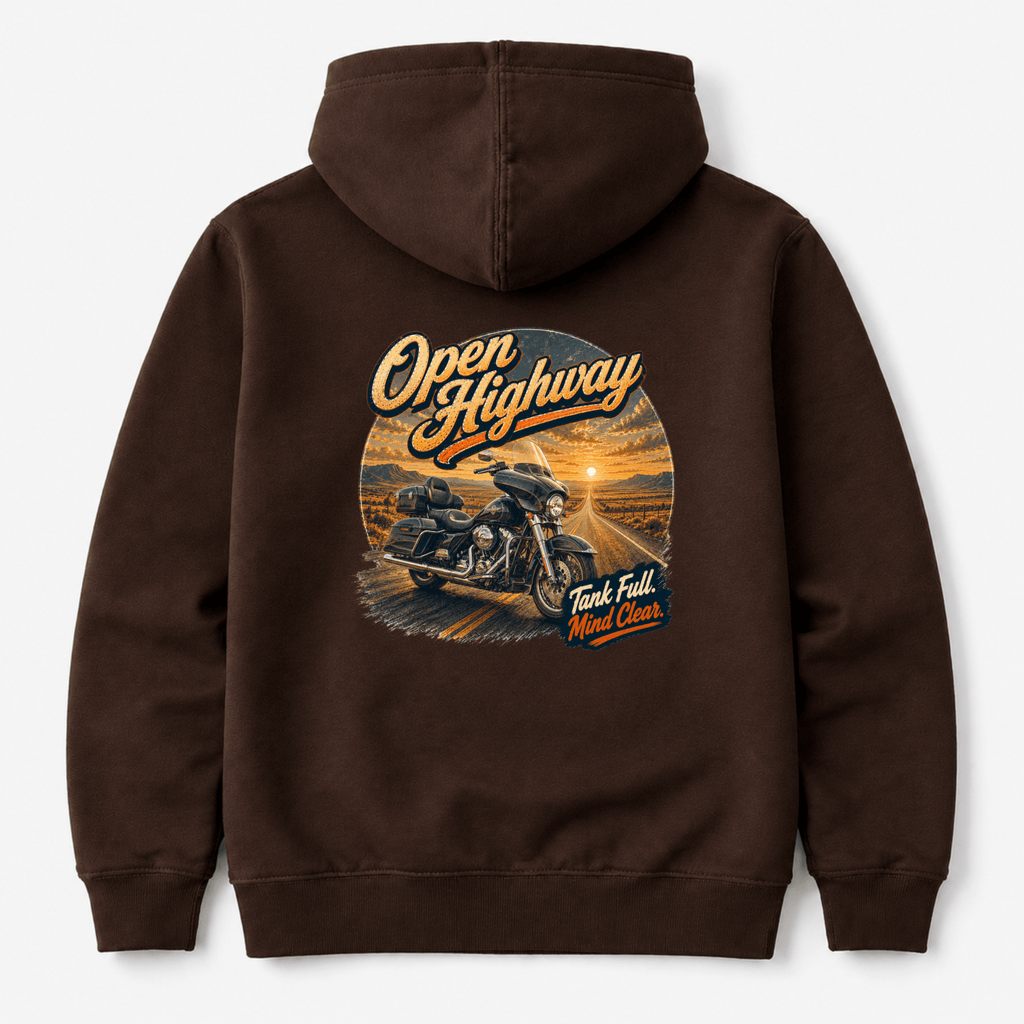 Camberline Riders Open Highway Touring Motorcycle Hoodie – Hot Chocolate — back view showing the Camberline Riders Open Highway Touring Motorcycle graphic print