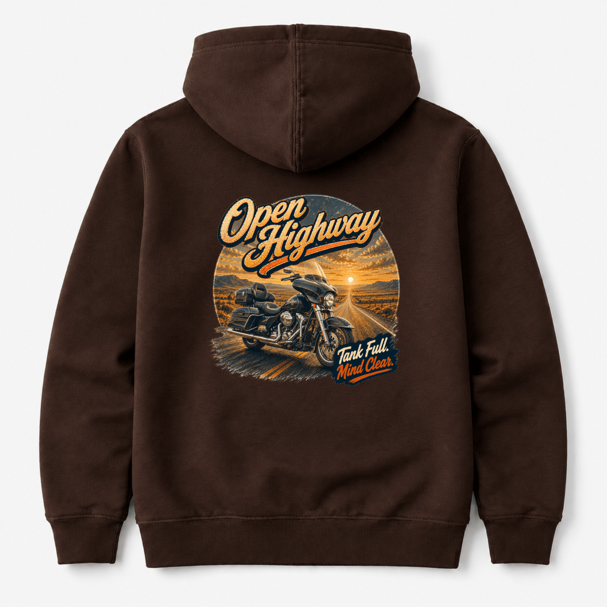 Camberline Riders Open Highway Touring Motorcycle Hoodie – Hot Chocolate — back view showing the Camberline Riders Open Highway Touring Motorcycle graphic print