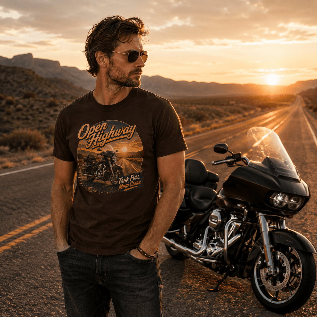 Model wearing the Camberline Riders Open Highway Touring Motorcycle T-Shirt – Dark Chocolate, showing the Camberline Riders graphic in a motorcycle-inspired setting