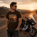 Model wearing the Camberline Riders Open Highway Touring Motorcycle T-Shirt – Dark Chocolate, showing the Camberline Riders graphic in a motorcycle-inspired setting