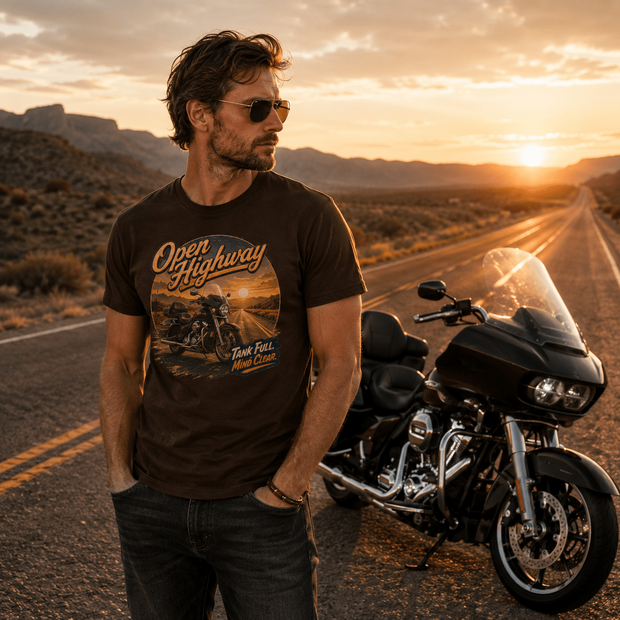 Model wearing the Camberline Riders Open Highway Touring Motorcycle T-Shirt – Dark Chocolate, showing the Camberline Riders graphic in a motorcycle-inspired setting