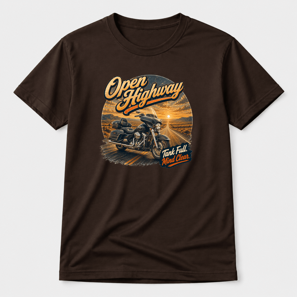 Camberline Riders Open Highway Touring Motorcycle T-Shirt – Dark Chocolate — front view showing the Camberline Riders Open Highway Touring Motorcycle graphic print