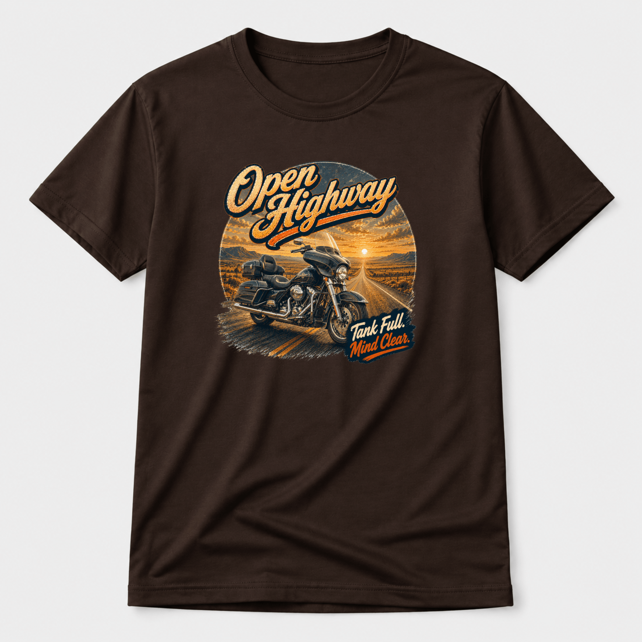 Camberline Riders Open Highway Touring Motorcycle T-Shirt – Dark Chocolate — front view showing the Camberline Riders Open Highway Touring Motorcycle graphic print