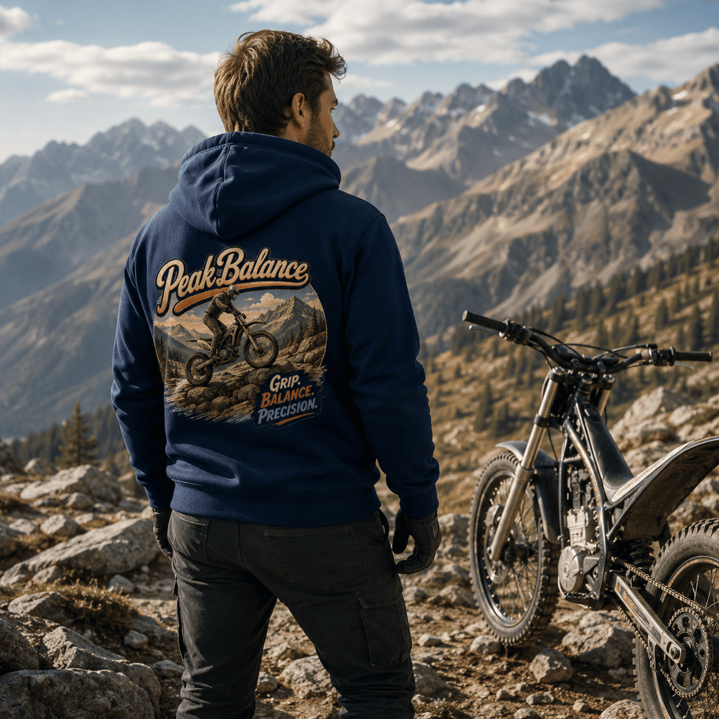 Model wearing the Camberline Riders Peak Balance Trials Bike Hoodie – Navy, showing the Camberline Riders graphic in a motorcycle-inspired setting