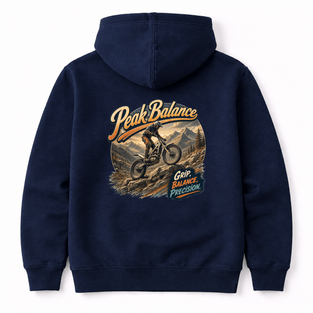 Camberline Riders Peak Balance Trials Bike Hoodie – Navy — back view showing the Camberline Riders Peak Balance Trials Bike graphic print