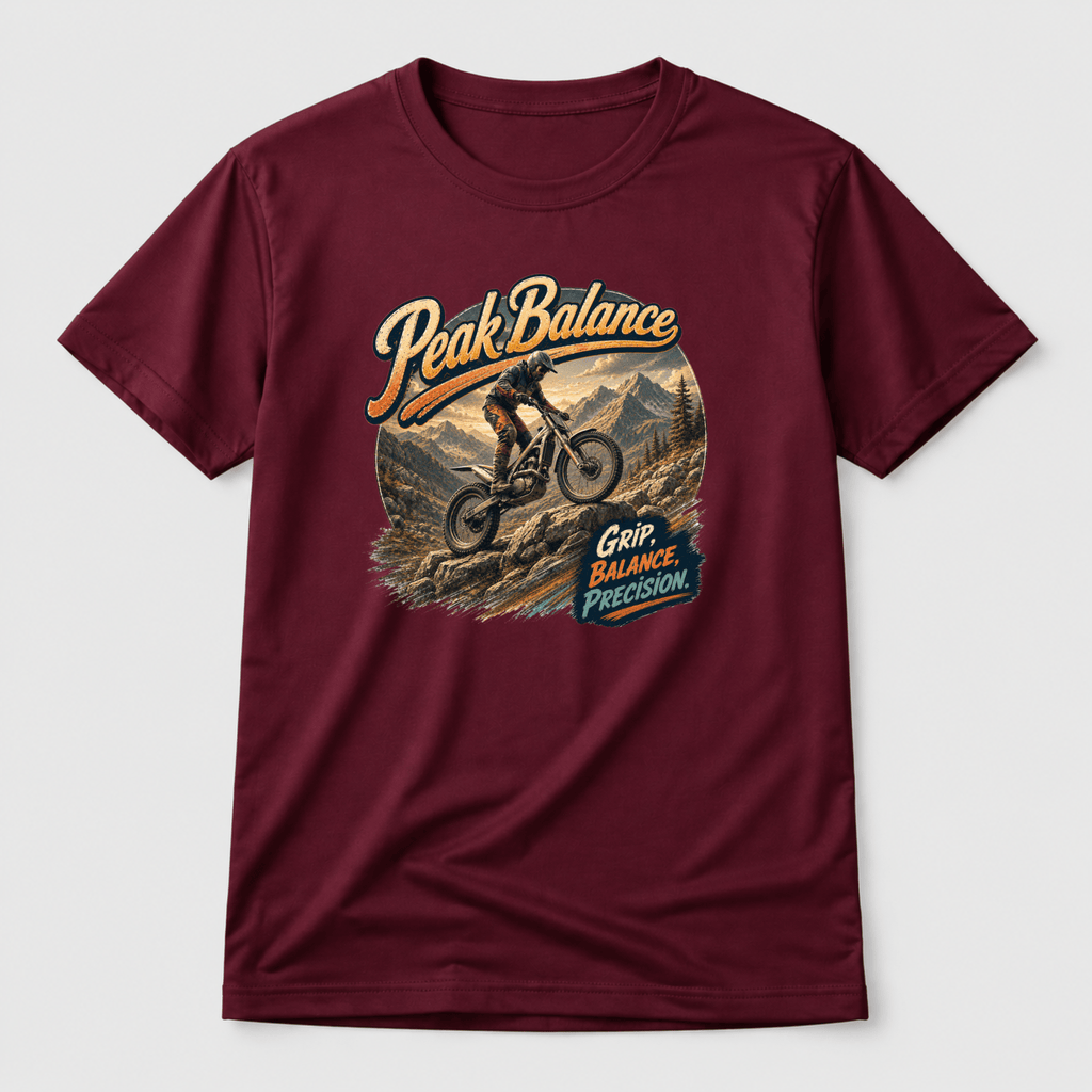 Camberline Riders Peak Balance Trials Bike T-Shirt – Burgundy — front view showing the Camberline Riders Peak Balance Trials Bike graphic print