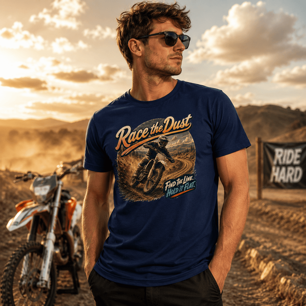 Model wearing the Camberline Riders Race the Dust Enduro Dirt Bike T-Shirt – Navy, showing the Camberline Riders graphic in a motorcycle-inspired setting