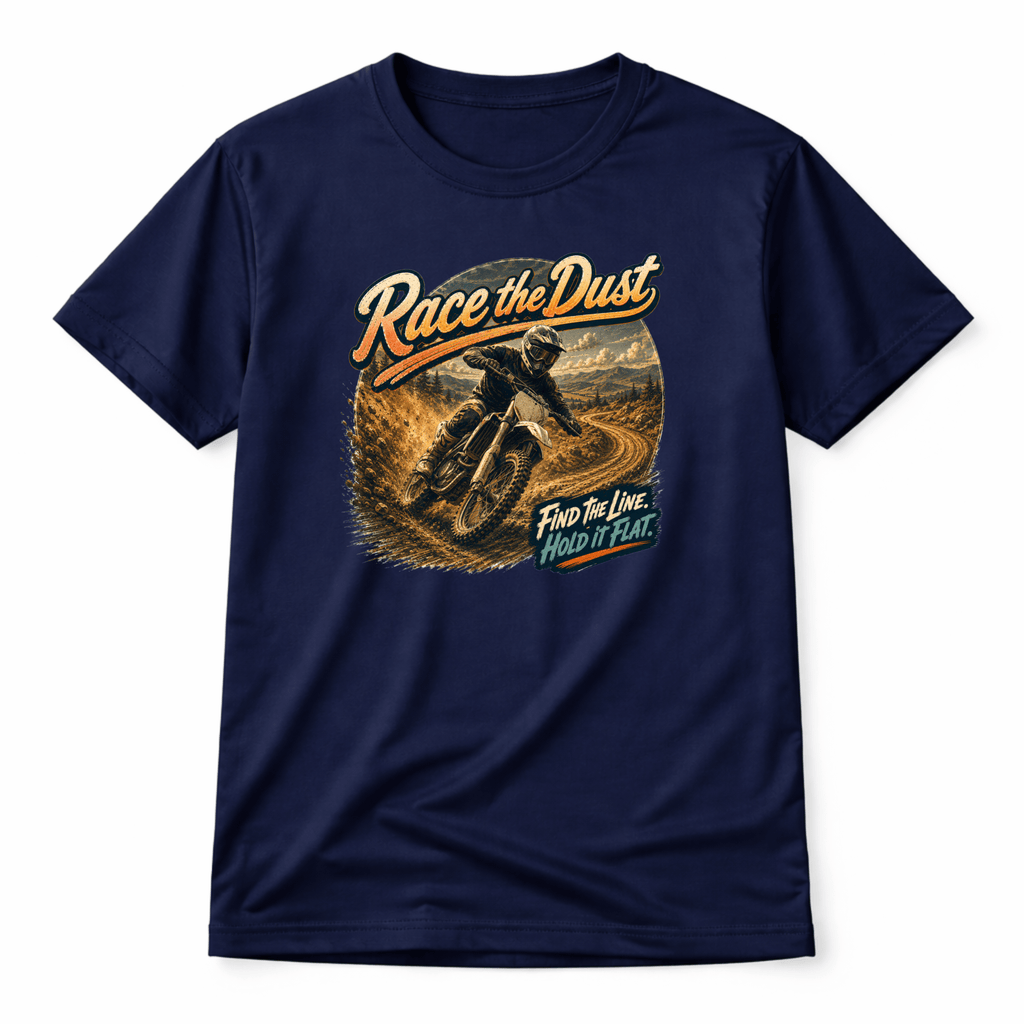 Camberline Riders Race the Dust Enduro Dirt Bike T-Shirt – Navy — front view showing the Camberline Riders Race the Dust Enduro Dirt Bike graphic print