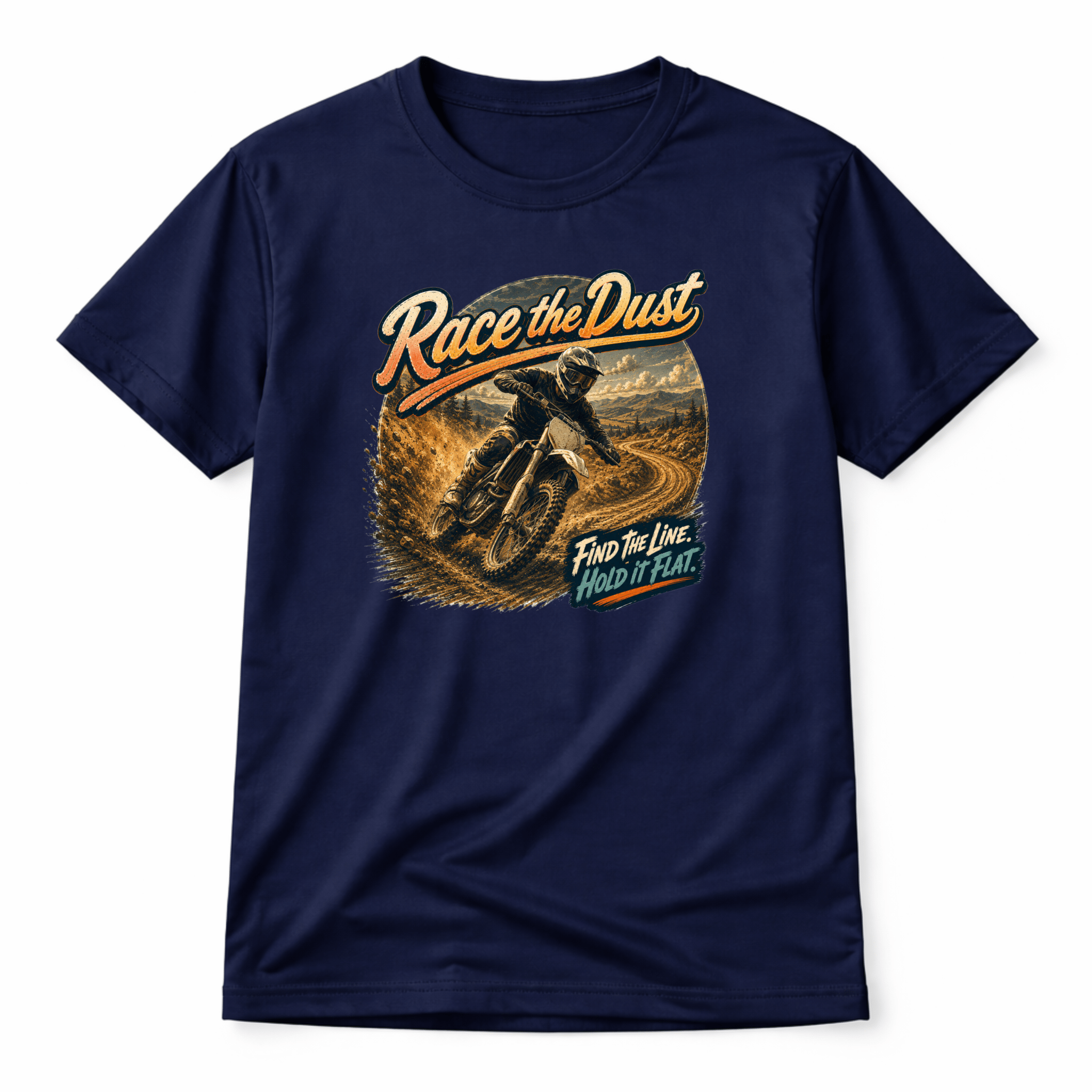 Camberline Riders Race the Dust Enduro Dirt Bike T-Shirt – Navy — front view showing the Camberline Riders Race the Dust Enduro Dirt Bike graphic print