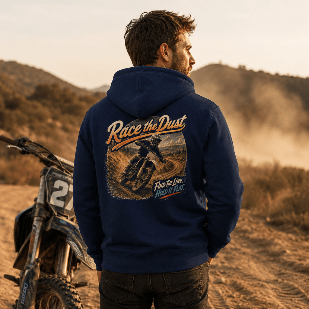Model wearing the Camberline Riders Race the Dust Motocross Hoodie – Navy, showing the Camberline Riders graphic in a motorcycle-inspired setting