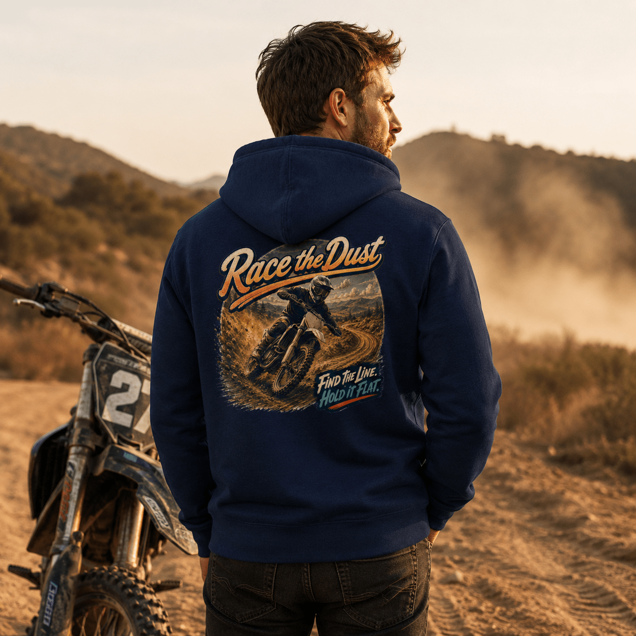 Model wearing the Camberline Riders Race the Dust Motocross Hoodie – Navy, showing the Camberline Riders graphic in a motorcycle-inspired setting