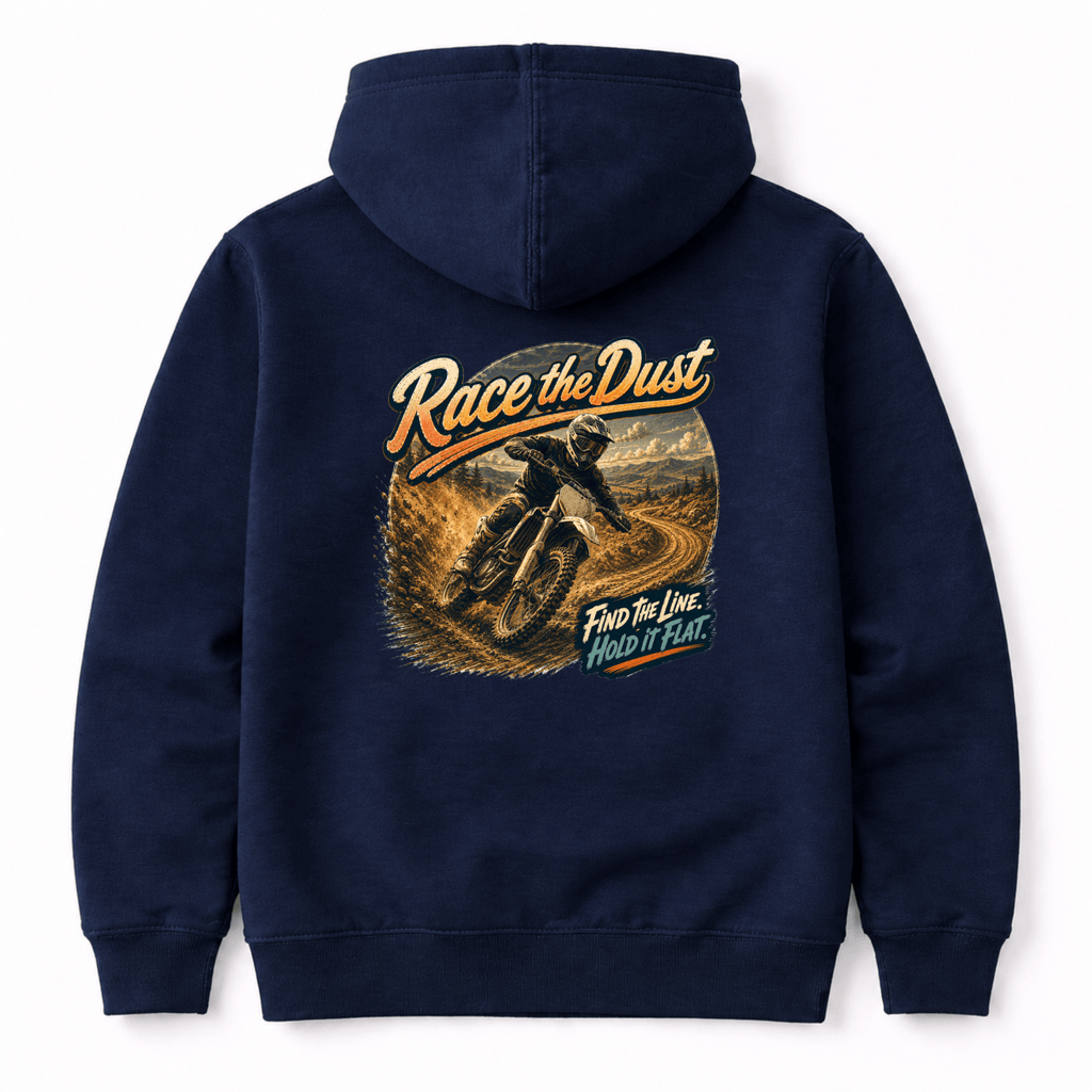 Camberline Riders Race the Dust Motocross Hoodie – Navy — back view showing the Camberline Riders Race the Dust Motocross graphic print
