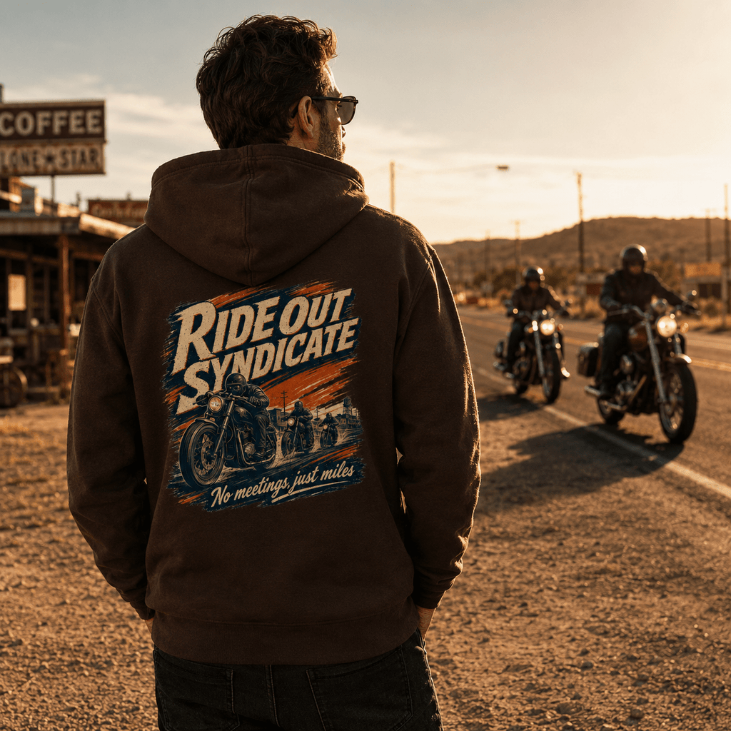 Man wearing a hot chocolate brown Ride Out Syndicate motorcycle hoodie showing the vintage pack rider back graphic, standing on a desert highway at golden hour with motorcyclists approaching in the background