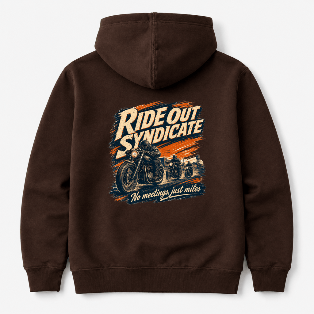 Camberline Riders Ride Out Syndicate Motorcycle Hoodie in Hot Chocolate — back view showing vintage motorcycle pack riding graphic with "No Meetings, Just Miles" tagline in orange, navy and cream
