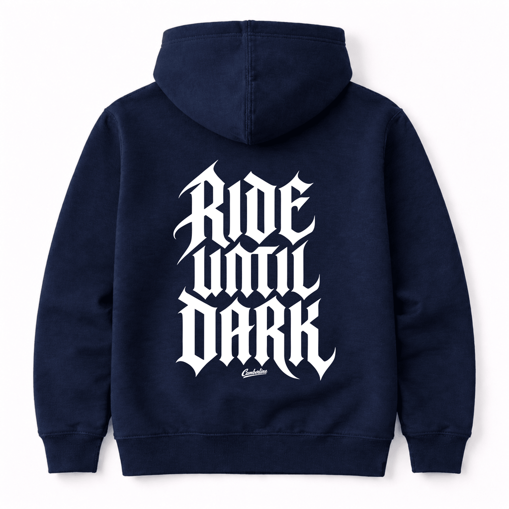 Camberline Riders Ride Until Dark Gothic Typography Hoodie – Navy — back view showing the Camberline Riders Ride Until Dark Gothic Typography graphic print
