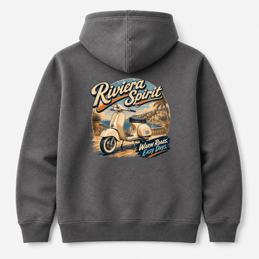 Camberline Riders Riviera Spirit Retro Scooter Hoodie – Charcoal — back view showing the Camberline Riders Riviera Spirit Retro Scooter graphic print