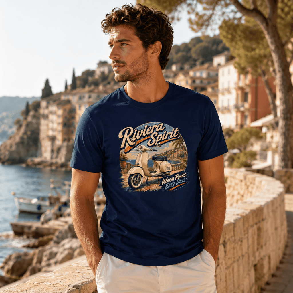 Model wearing the Camberline Riders Riviera Spirit Retro Scooter T-Shirt – Navy, showing the Camberline Riders graphic in a motorcycle-inspired setting