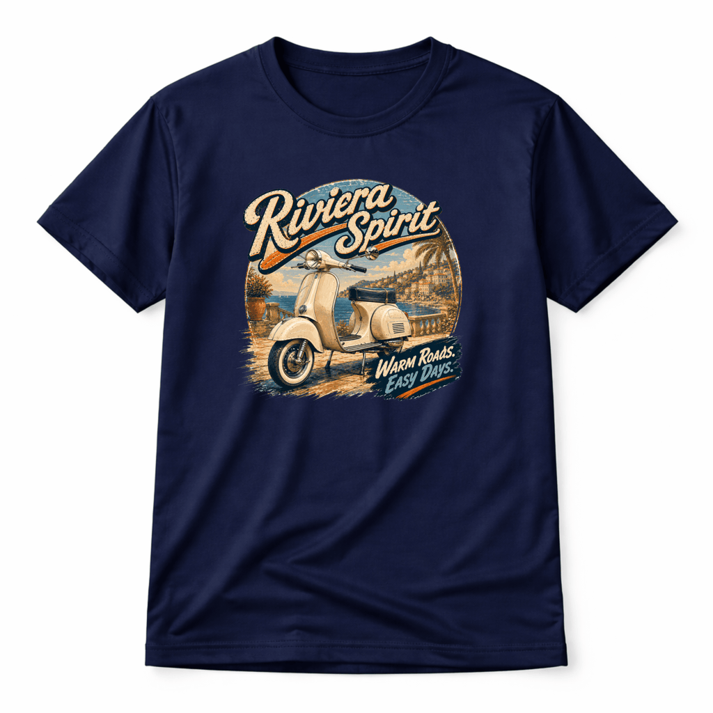 Camberline Riders Riviera Spirit Retro Scooter T-Shirt – Navy — front view showing the Camberline Riders Riviera Spirit Retro Scooter graphic print