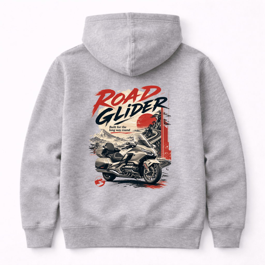 Camberline Riders Road Glider Touring Motorcycle Hoodie – Heather Grey — back view showing the Camberline Riders Road Glider Touring Motorcycle graphic print