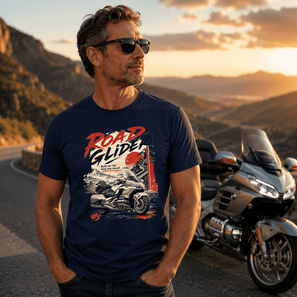 Model wearing the Camberline Riders Road Glider Touring Motorcycle T-Shirt – Navy, showing the Camberline Riders graphic in a motorcycle-inspired setting