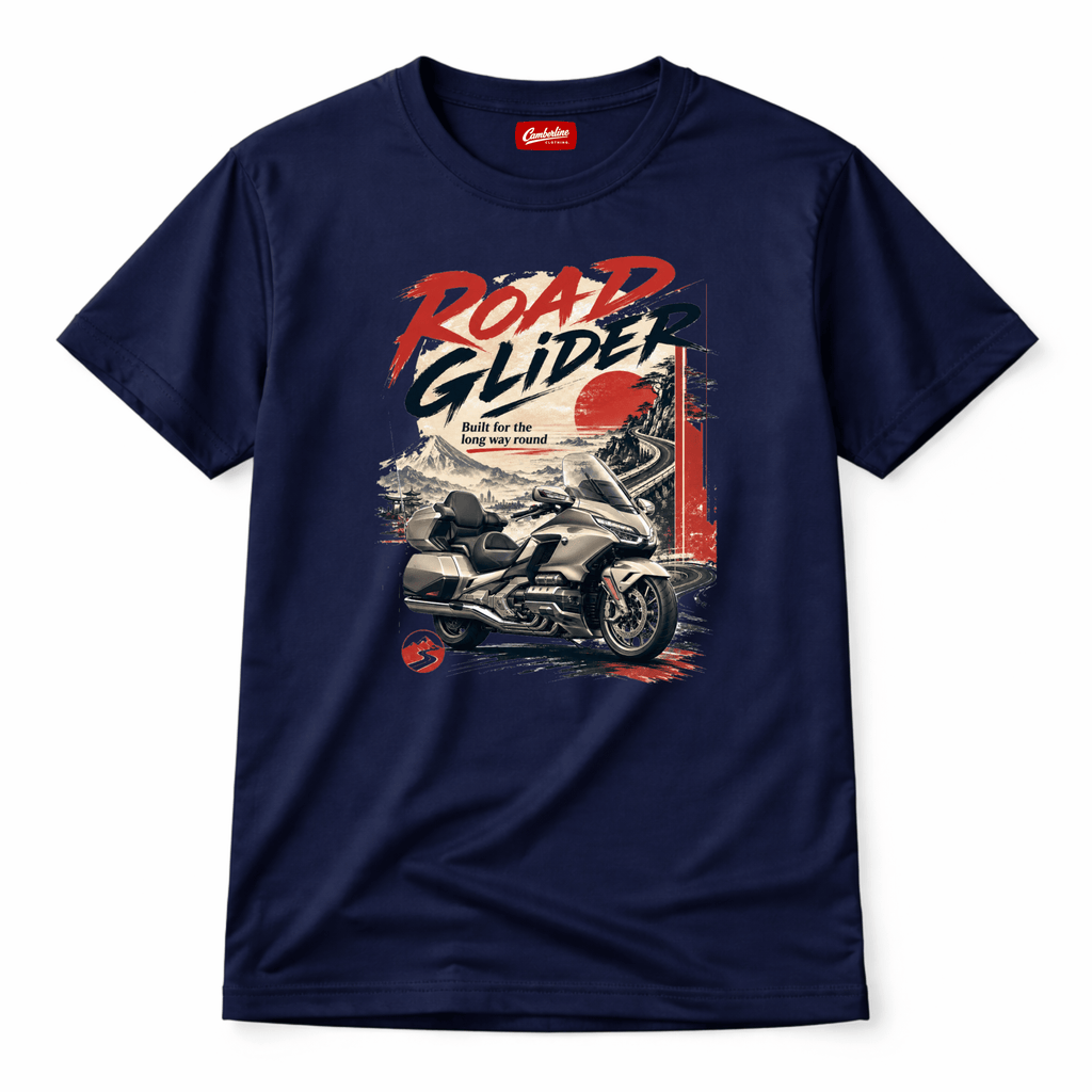 Camberline Riders Road Glider Touring Motorcycle T-Shirt – Navy — front view showing the Camberline Riders Road Glider Touring Motorcycle graphic print
