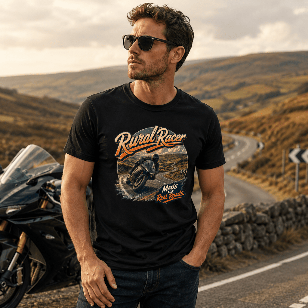 Model wearing the Camberline Riders Rural Racer Sport Bike T-Shirt – Black, showing the Camberline Riders graphic in a motorcycle-inspired setting