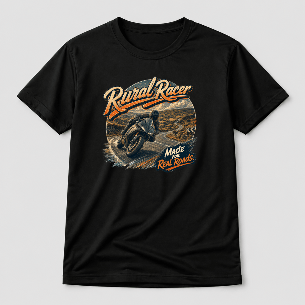 Camberline Riders Rural Racer Sport Bike T-Shirt – Black — front view showing the Camberline Riders Rural Racer Sport Bike graphic print