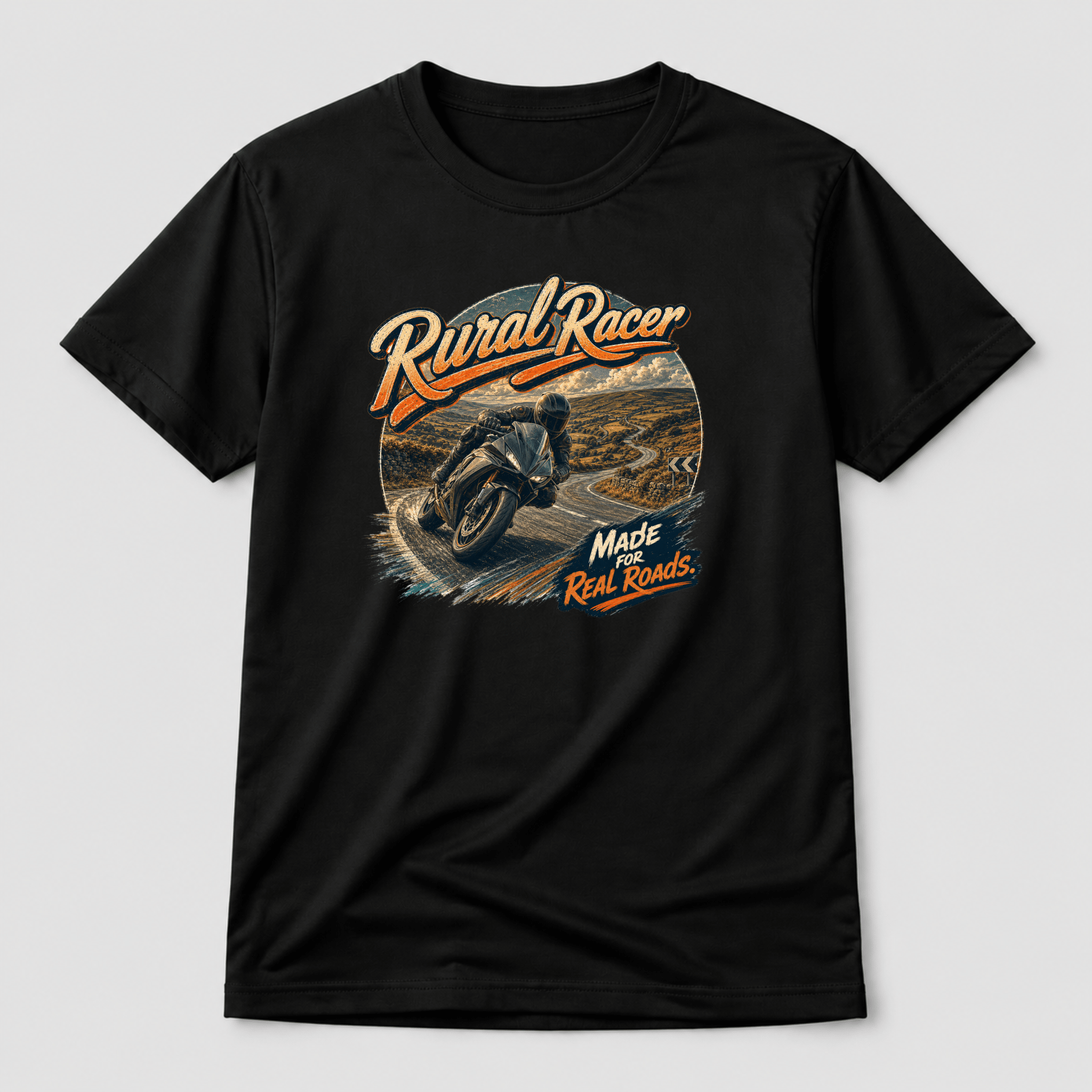 Camberline Riders Rural Racer Sport Bike T-Shirt – Black — front view showing the Camberline Riders Rural Racer Sport Bike graphic print