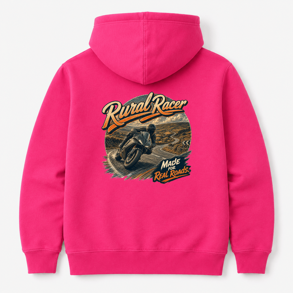 Camberline Riders Rural Racer Sports Bike Hoodie – Hot Pink — back view showing the Camberline Riders Rural Racer Sports Bike graphic print