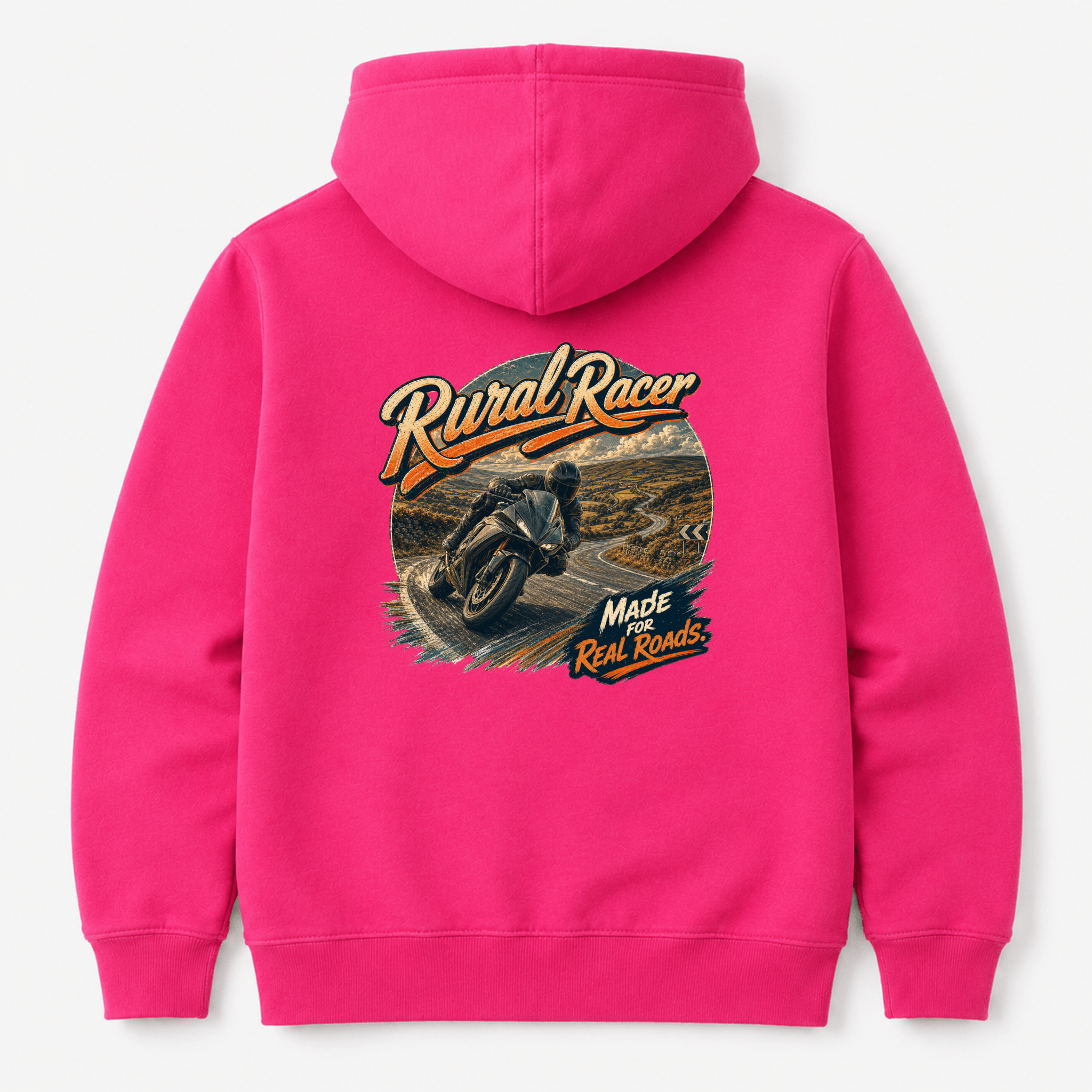 Camberline Riders Rural Racer Sports Bike Hoodie – Hot Pink — back view showing the Camberline Riders Rural Racer Sports Bike graphic print