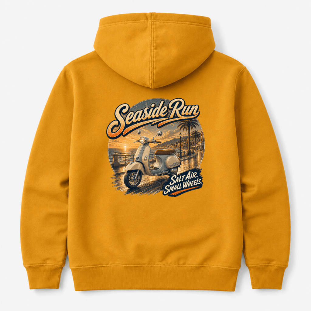 Camberline Riders Seaside Run Classic Scooter Hoodie – Mustard — back view showing the Camberline Riders Seaside Run Classic Scooter graphic print