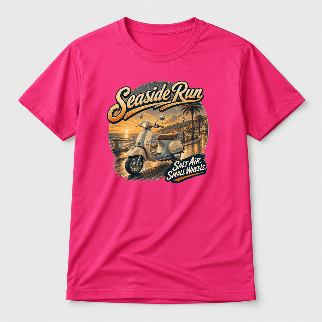 Camberline Riders Seaside Run Classic Scooter T-Shirt – Hot Pink — front view showing the Camberline Riders Seaside Run Classic Scooter graphic print