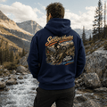 Model wearing the Camberline Riders Section Hunter Trials Bike Hoodie – Navy, showing the Camberline Riders graphic in a motorcycle-inspired setting